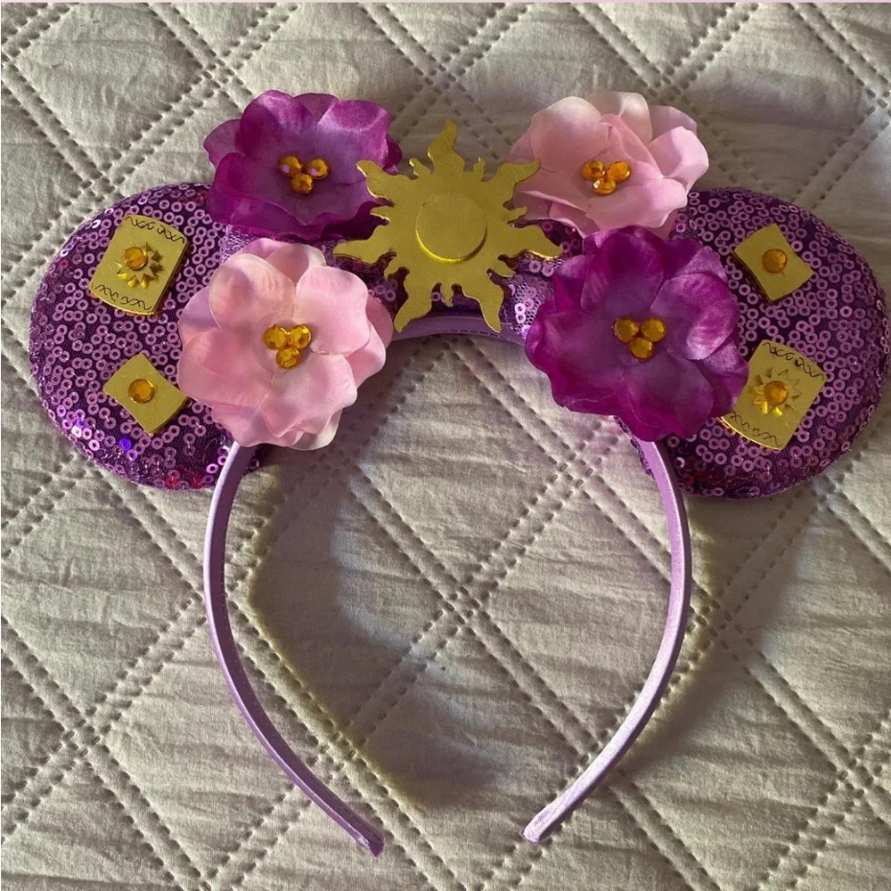 Purple Sequin Mouse Ears with Pink Flowers